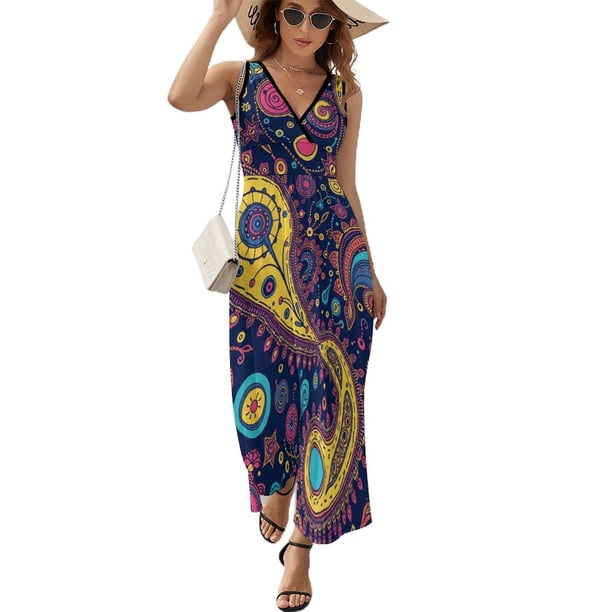 Vestido Largo Sin Mangas Para Mujer, Paisley Print Traje Informal Para Cumpleaños, Verano