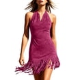 thumbnail image 3 of VBVC Women's Faux Suede Halter Neck Mini Dress , Ladies' V-Neck Fringe Hem Western Dress , Festival Party Bodycon Dresses For Women,Hot Pink,S-2XL, 3 of 9