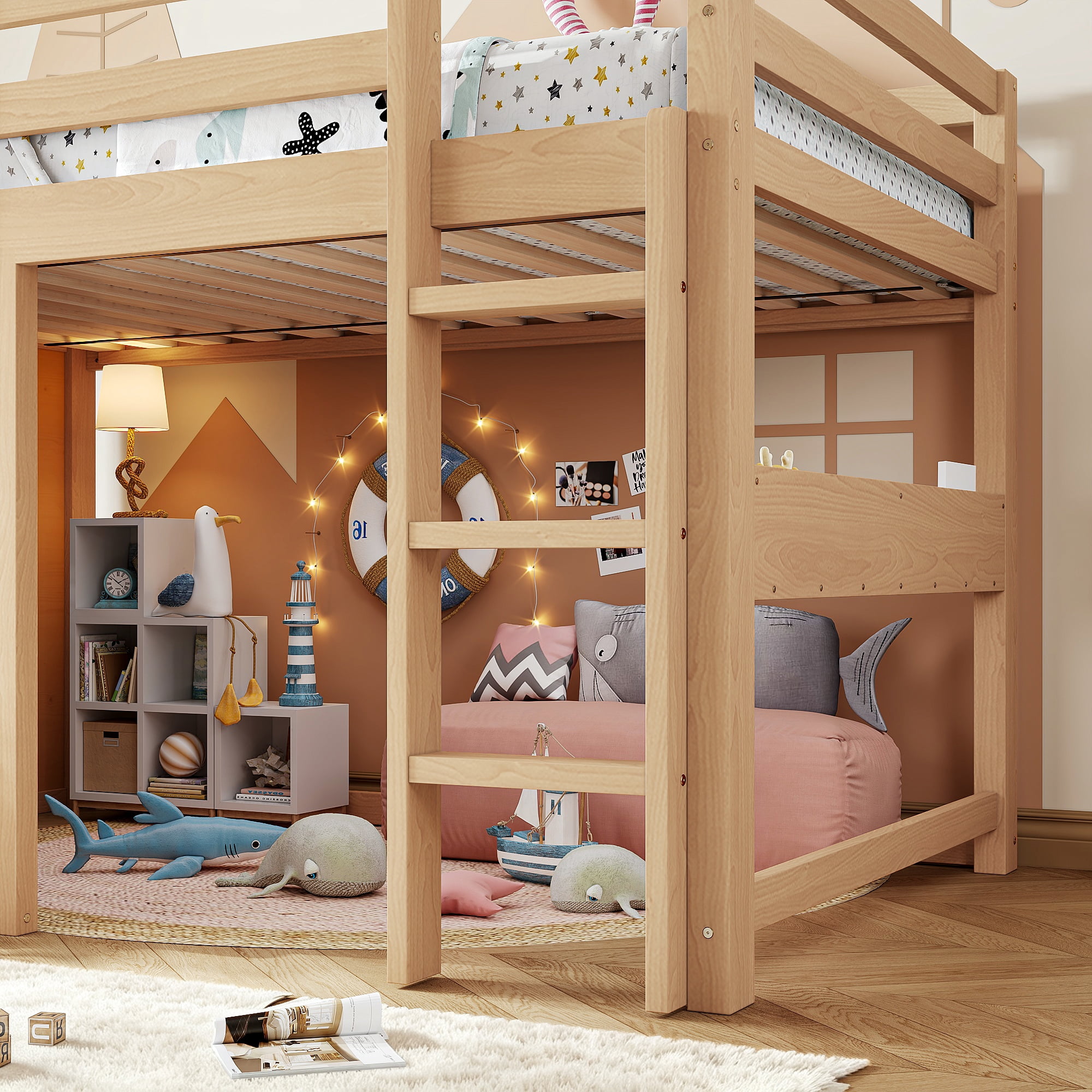 Leumius Twin Size Loft Bed with Storage Shelves,Solid Wood Low Loft Bed Frame with Chalkboard and Bookshelf,Space Saving,Light Natural