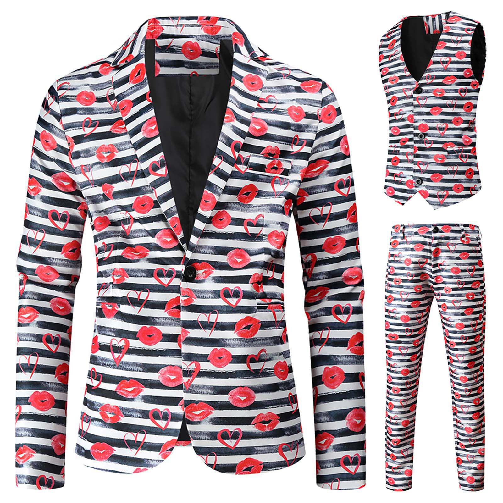 PIMOXV Men's Fashion Valentine's Day Suit Jacket + Vest + Suit Pants ...