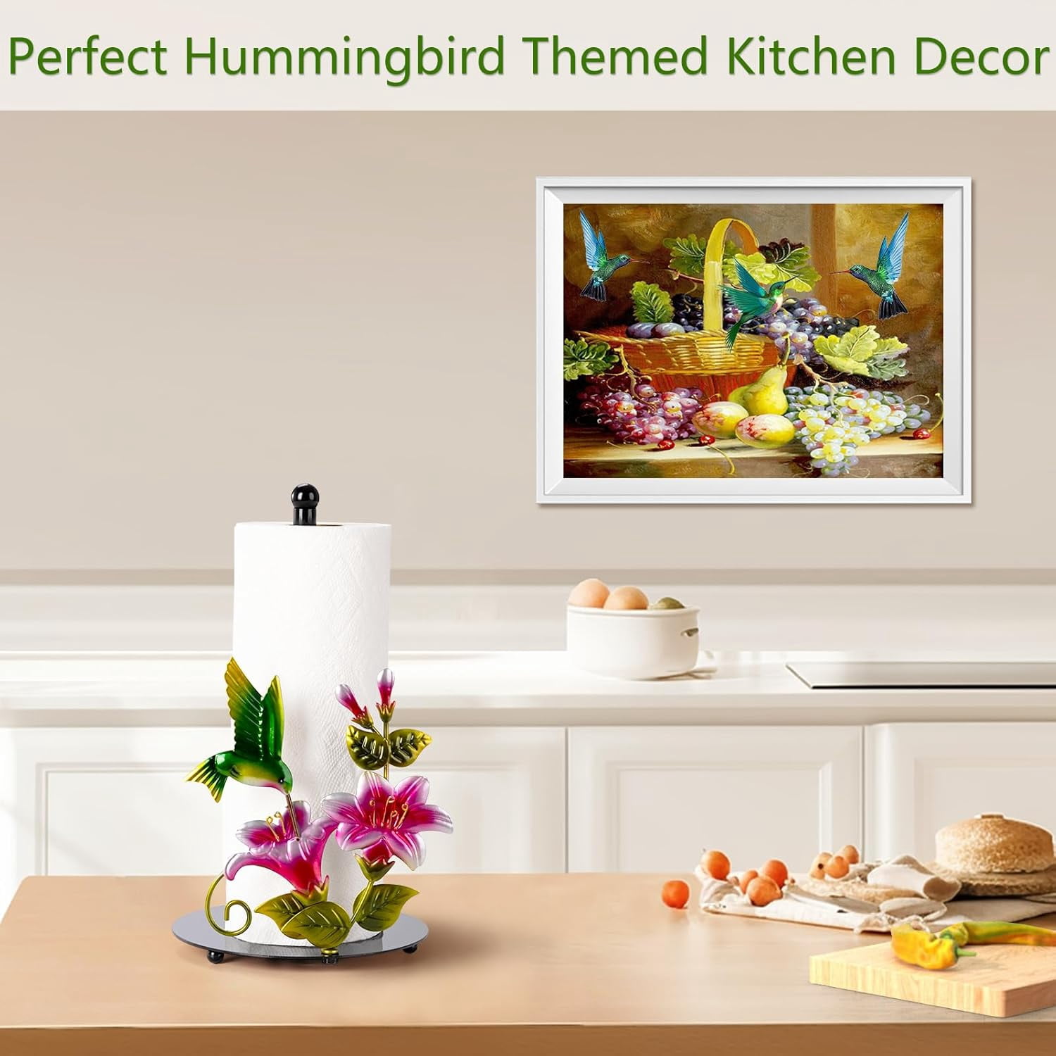ThrottleT - Flower & Hummingbird Decor Paper Towel Roll Holder Countertop - Farmhouse Kitchen Decor and Accessories, Hummingbird Housewarming Gifts for Women Mom Grandma, Weighted Base