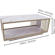 Miumaeov Marble Coffee Table Modern Living Room Table with Gold Metal Frame and Storage Shelf, 2 Tier Living Room Center Table for Home Furniture Office Decor