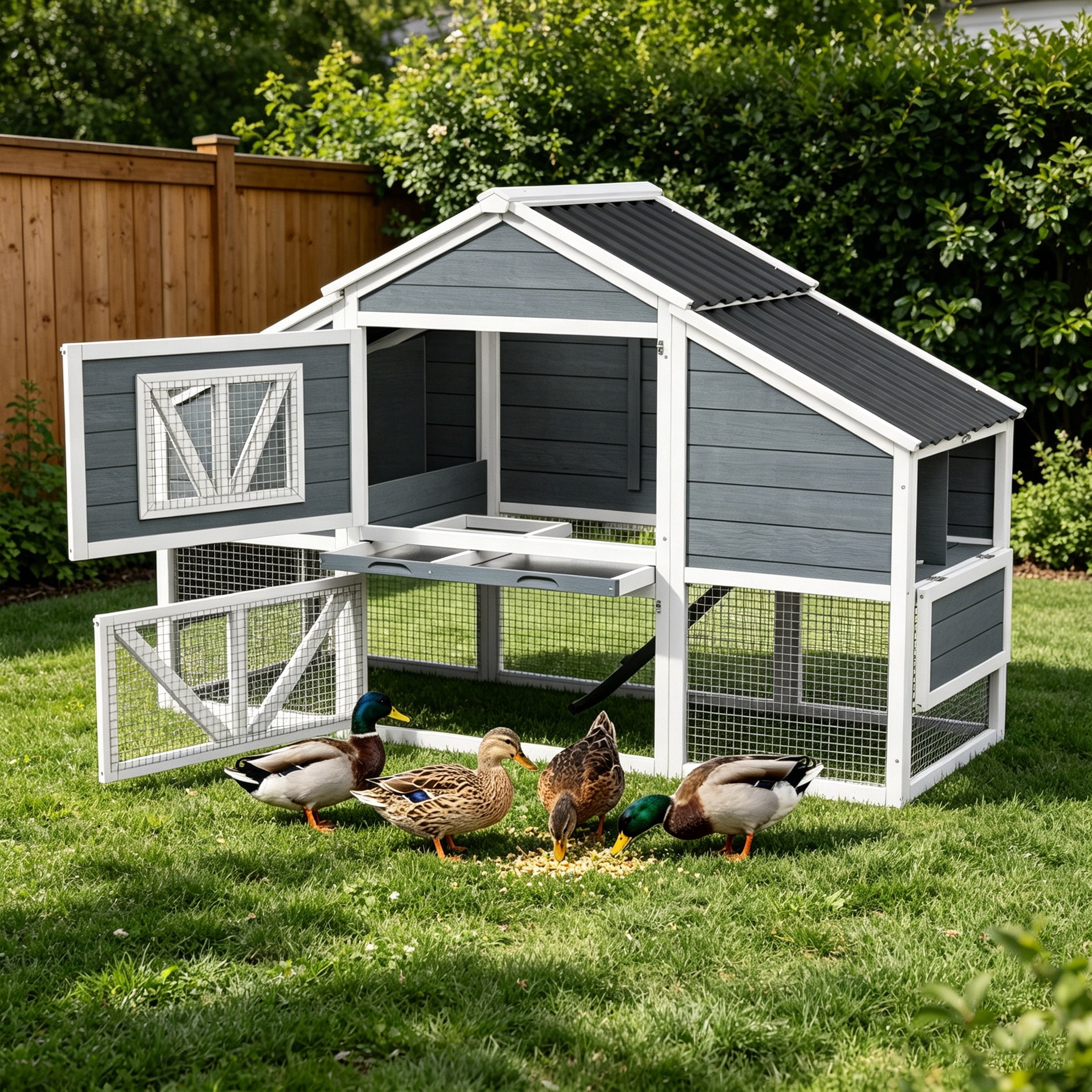 Outdoor 2 Story Duck Coop with 4 Nesting Boxes, Predator Proof Duck House for 4-6 Ducks, 66.2",White & Gray