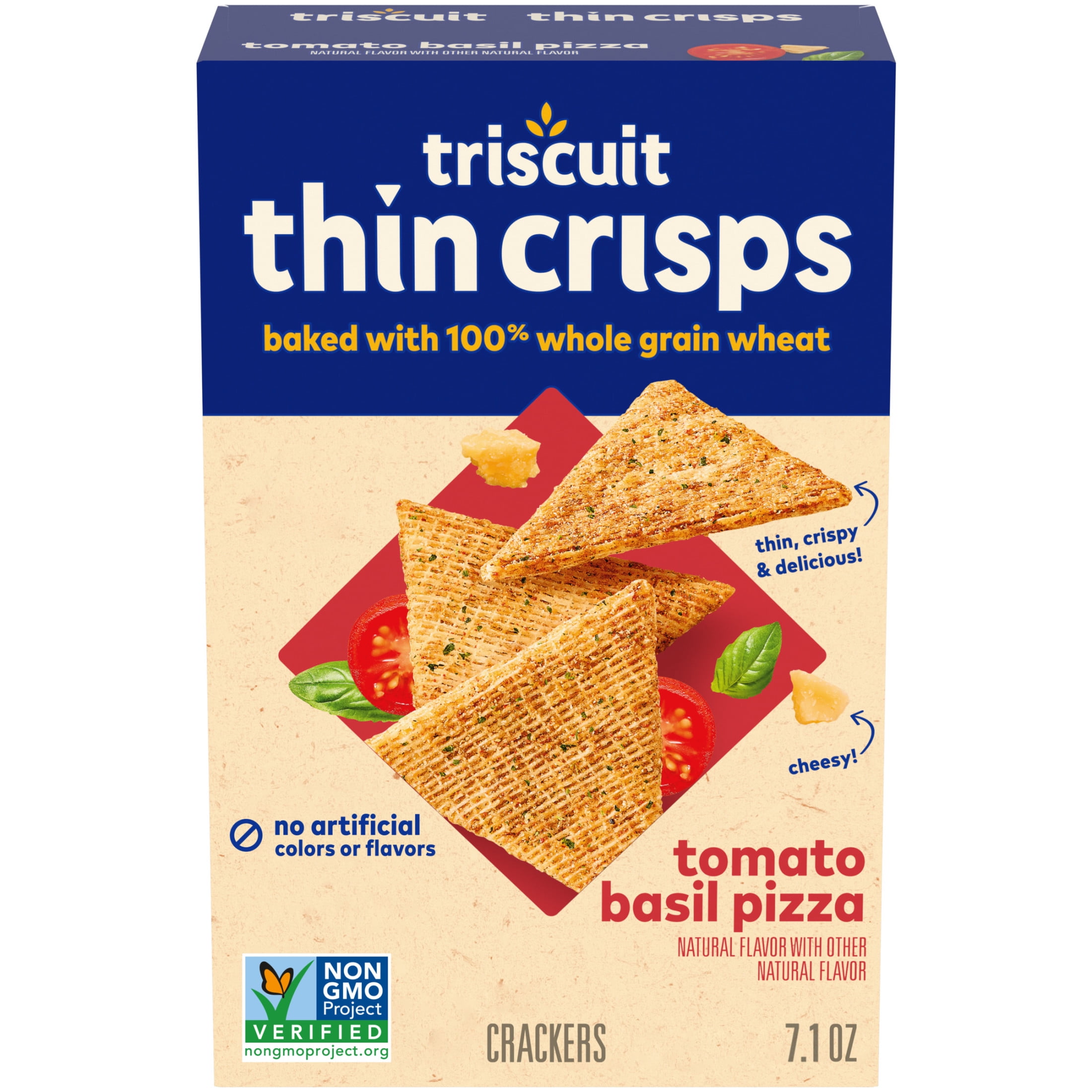 (3 pack) Triscuit Thin Crisps Tomato Basil Pizza Whole Grain Wheat Crackers, Lunch Snacks, 7.1 oz