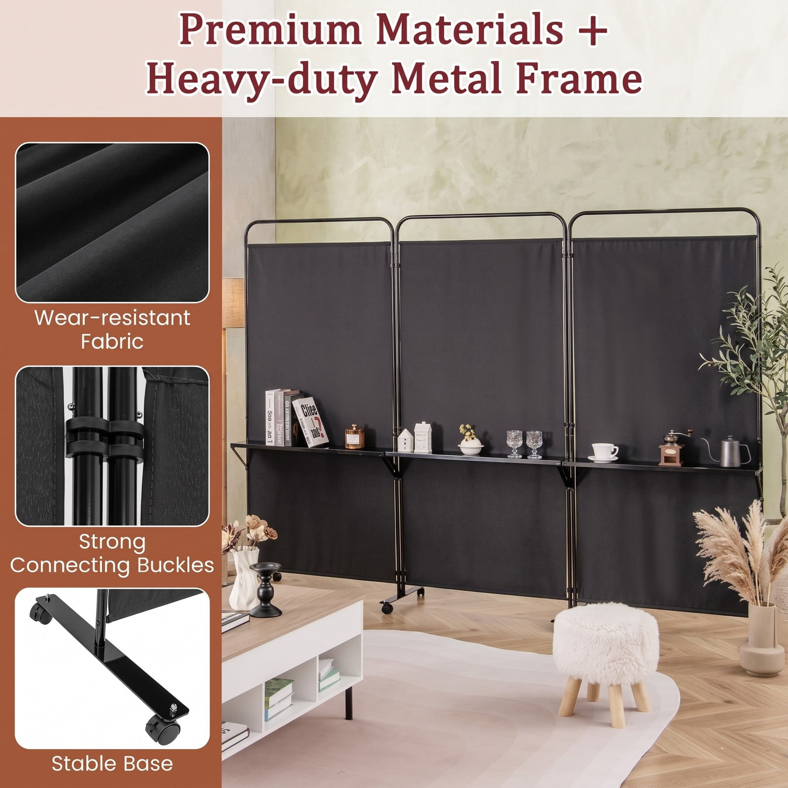 ALPULON 3-Panel Folding Room Divider Privacy Screen with 3 Metal Shelves and Lockable Wheels, Freestanding Partition Panel for Living Room Bedroom Office, Black