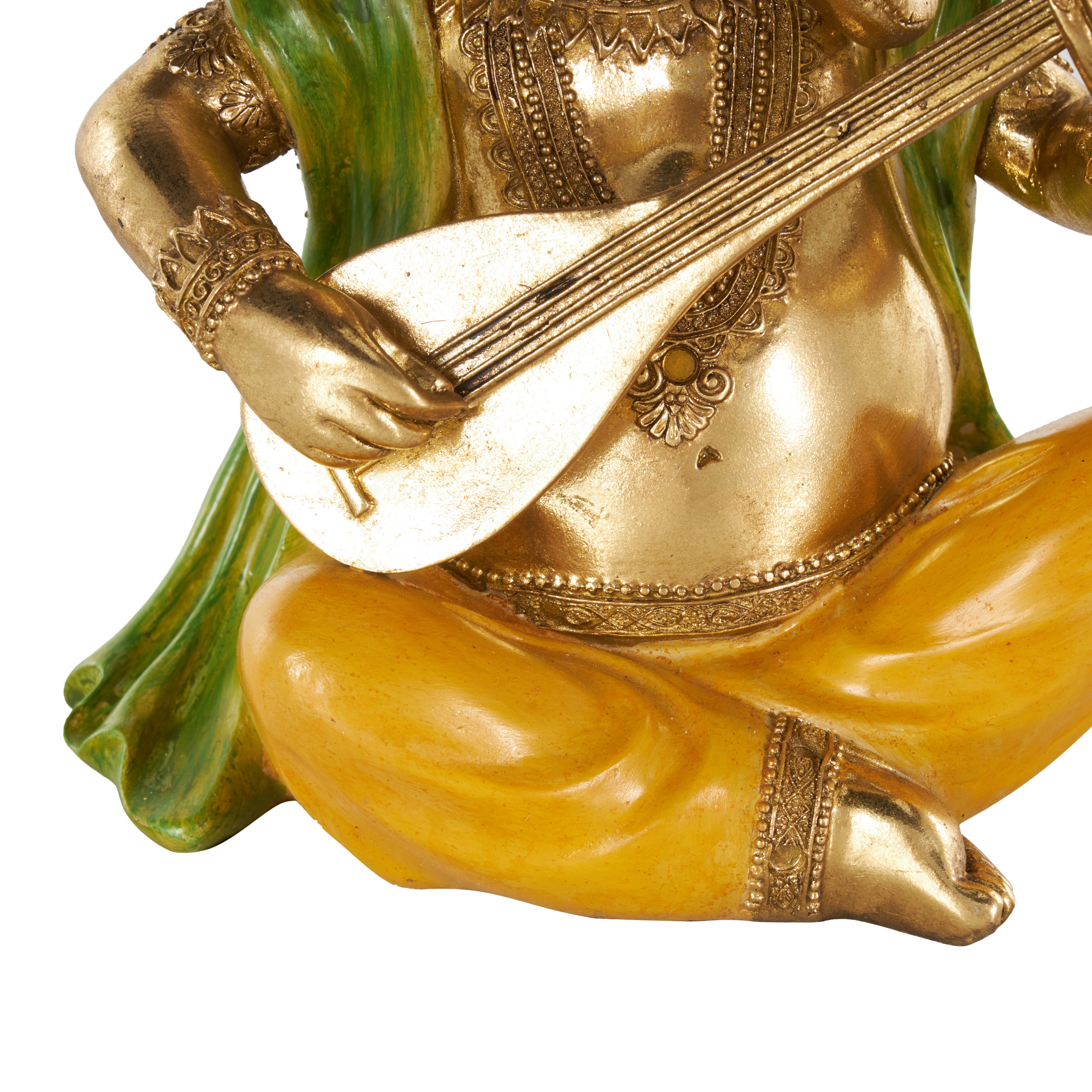 9" x 11" Gold Resin Musician Ganesh Sculpture with Green, Yellow, and Red Accents, by DecMode