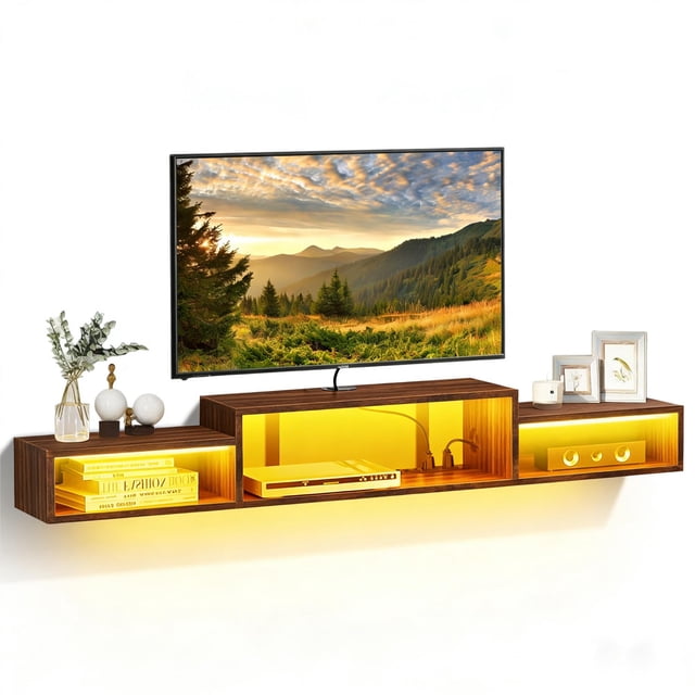 LOKOOY Mueble Flotante para TV 70" con Luces LED, Repisas Flotantes para TV -Ideal Almacenamiento Debajo, con 4 Enchufes y 3 Espacios Abiertos, Sencillo y Ahorra Espacio, Marrón R&