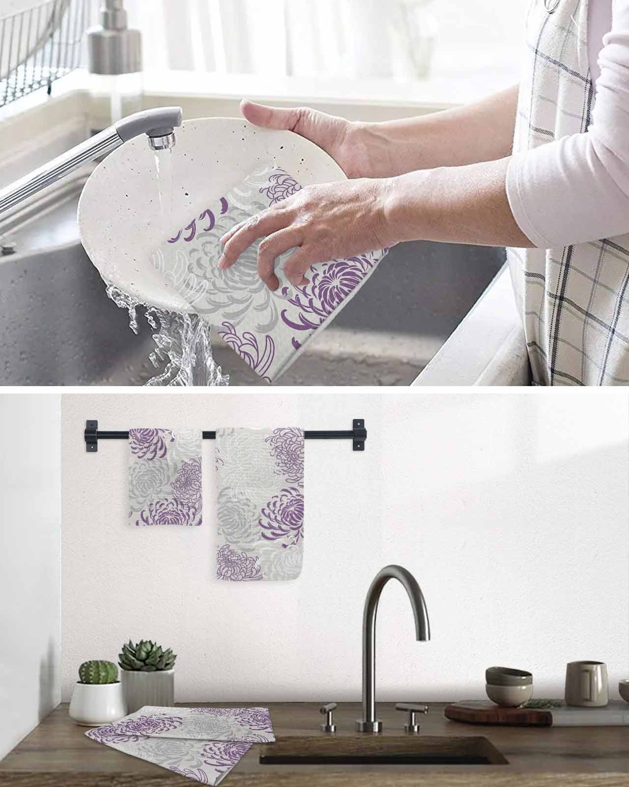 Purple White Kitchen Dish Towels for Drying Dishes Set of 2, Abstract Grey Chrysanthemum Flower Floral Waffle Weave Microfiber Hand Tea Bathroom Towels Quick Dry & Absorbent Towel 12x12