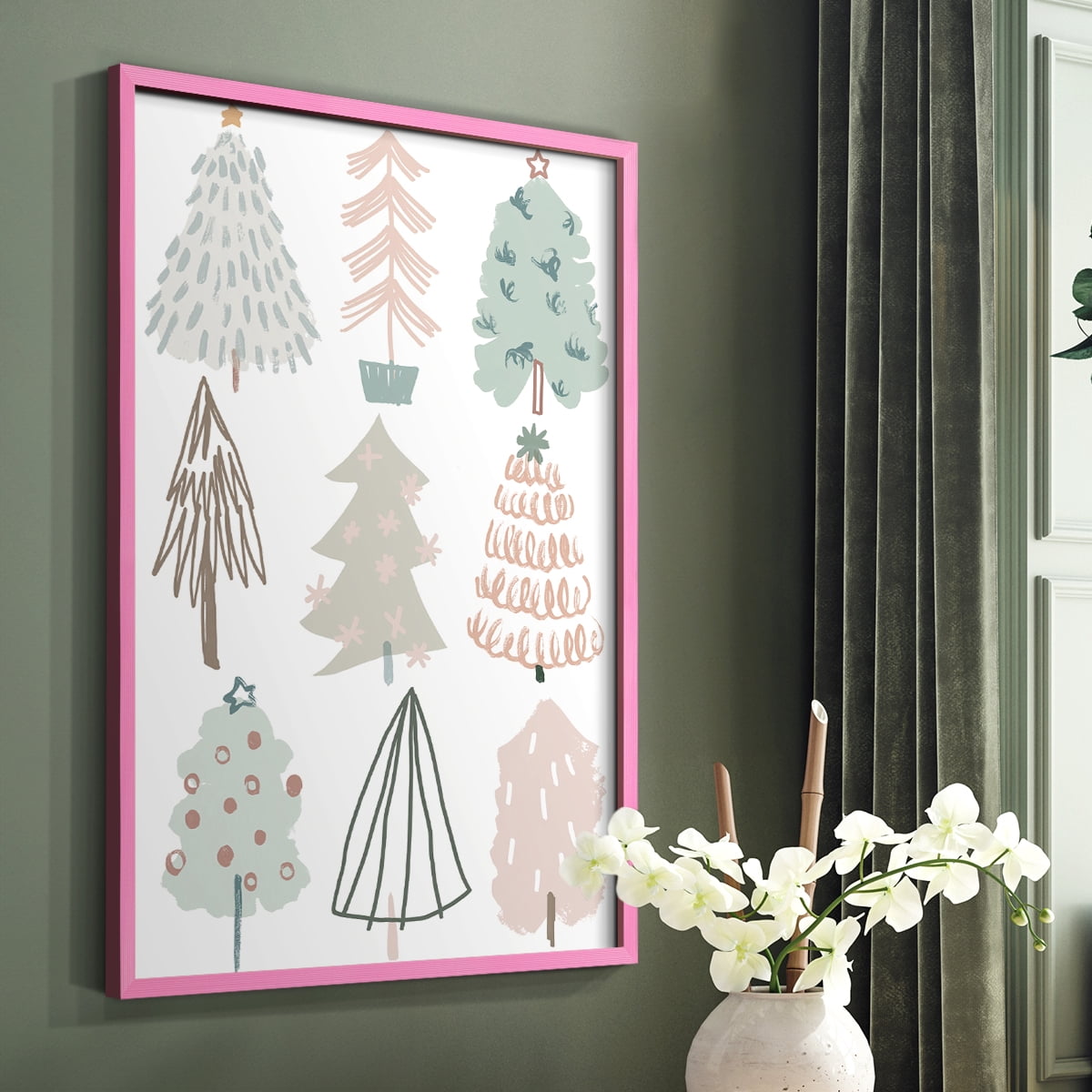 Christmas Tree Sketchbook I Framed Print in Pink Solid Wood Framed Print No Nail Hanging
