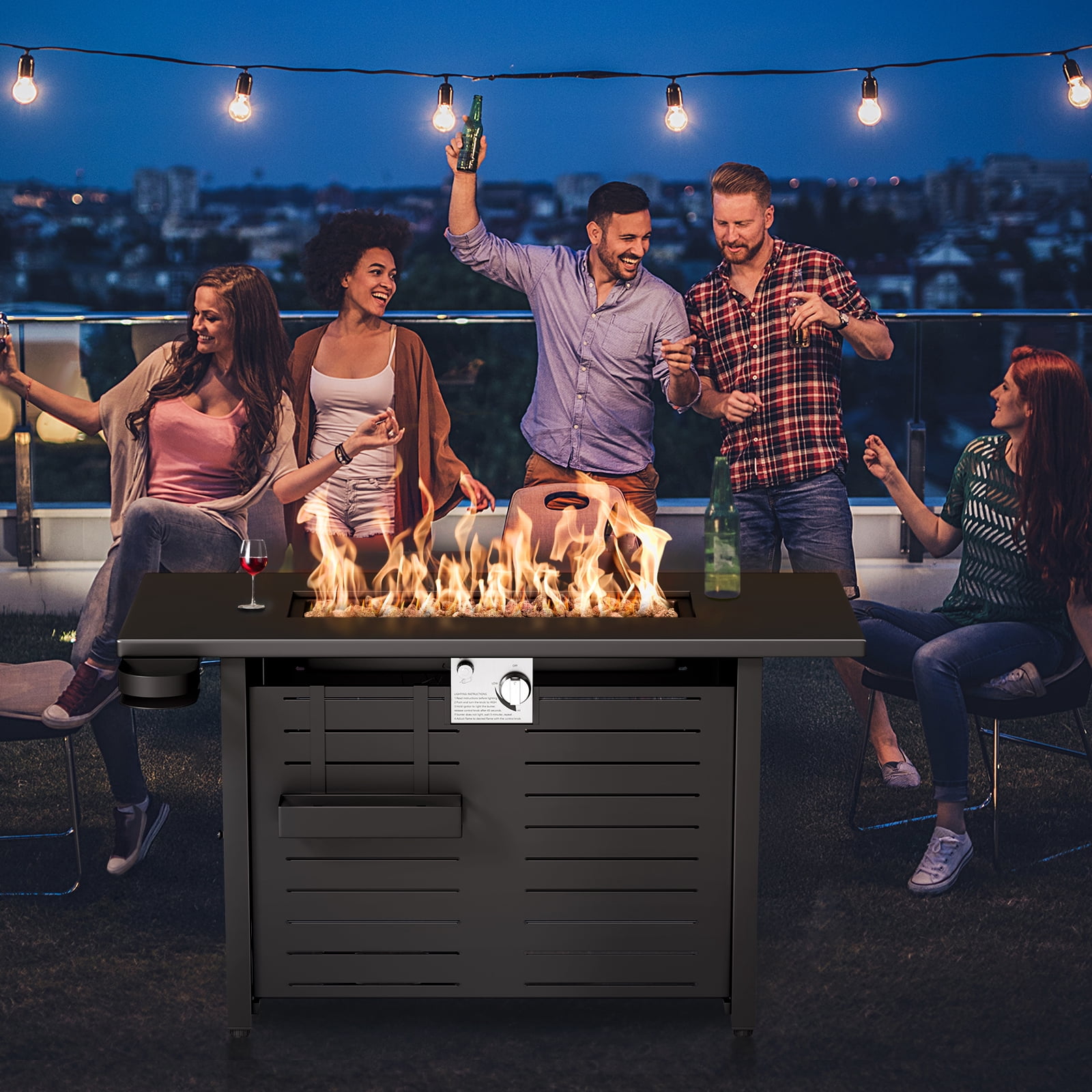 KingChii 45 inch Propane Fire Pit with Lid, Lava Stone, 60,000 BTU Steel Gas Fire Pit Table for Outdoor, Garden, Patio and Backyard, Black