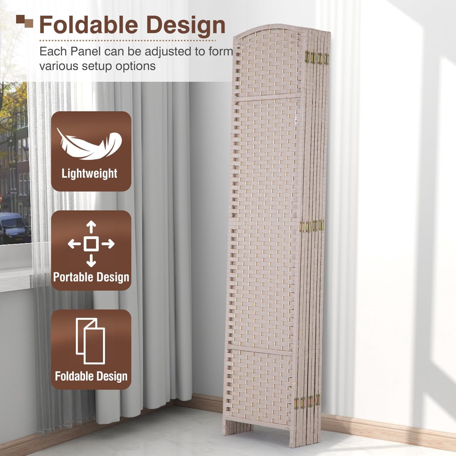 Dkelincs 8 Panel Room Dividers 5.6 FT Tall Portable Privacy Screen Folding Wood Partition Wall Divider for Room Separation, Beige