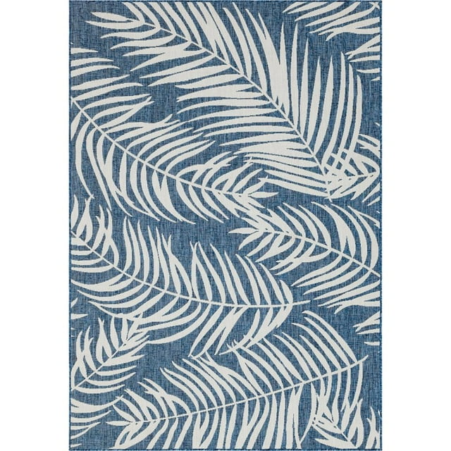 Unique Loom Outdoor Botanical Leaves Rug 7' x 10' Rectangle Navy Blue/Ivory