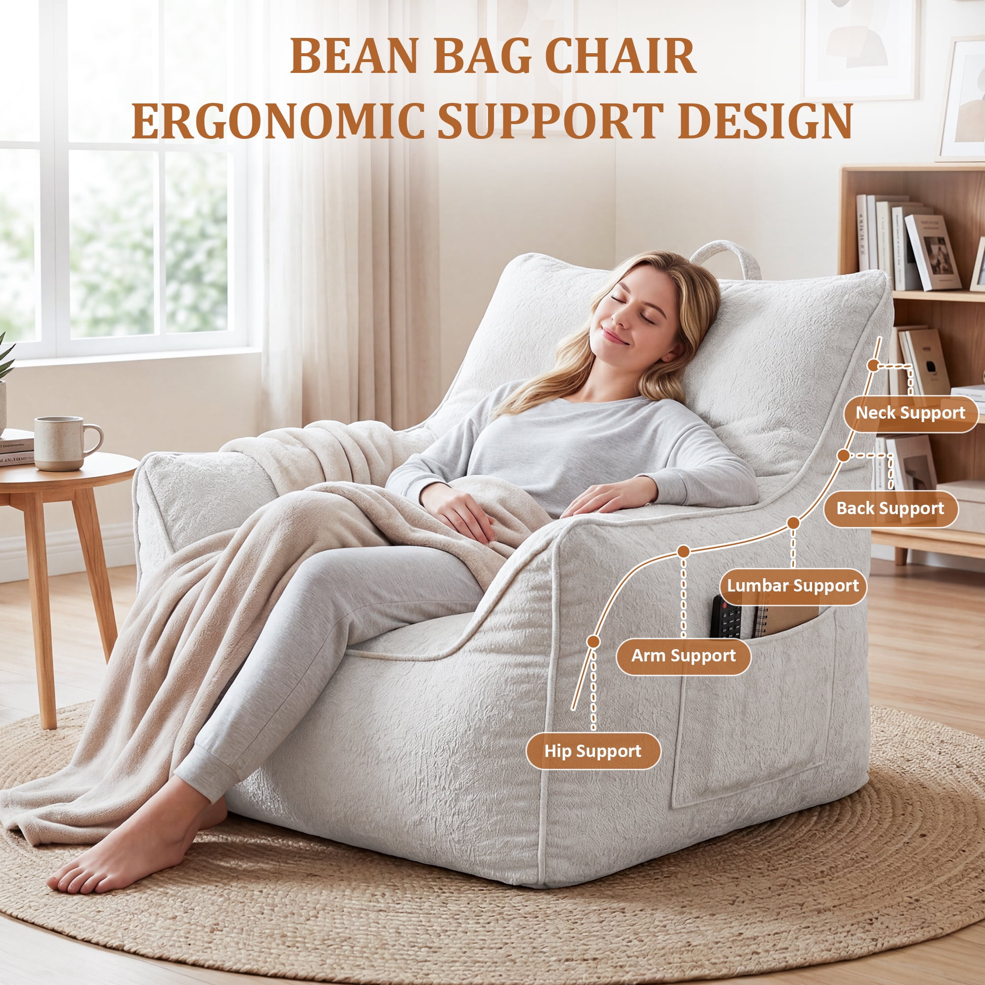 Bean Bag Chair for Adults – Cozy Chenille Bean Bag Sofa with Armrests, Shredded Foam Filling, Soft Lazy Lounger for Living Room or Bedroom