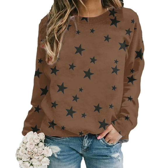 Brown Womens Tops Women's Star Print Hatless Sweatshirt Long Sleeve Fashion Top Sweatshirt Loose Pullover Top Fall Outfits for Women 2025
