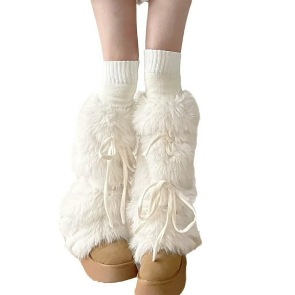 Womens Punk Furry Leg Warmers Winter Warm Sweet Ribbon Bowknot Fuzzy Plush Boot Cuff Leg Sleeve Socks