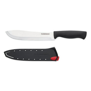 Farberware 7-inch Butcher Knife with Self-Sharpening Blade Cover, Sharp Kitchen Knife, Black