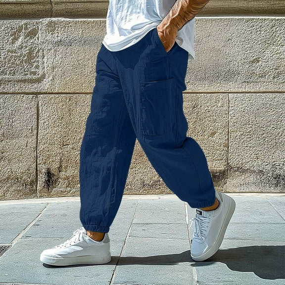 DPTALR George Men's Casual Fashion Solid Color Drawstring Elastic Waist Pocket Pocket Pants,Dark Blue,Big and Tall Men M