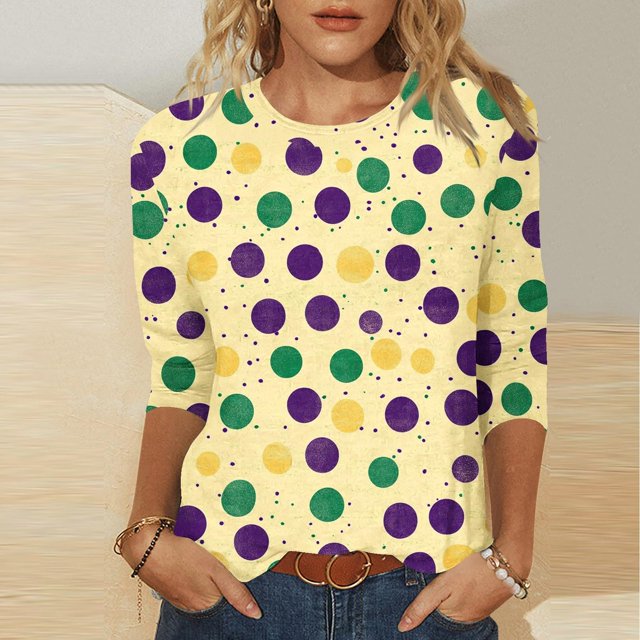 UPPADA 3/4 Femmes T-Shirts à Manches Mardi Gras Yall T-Shirts à Imprimé Floral Col Rond Blouse à devant Plissé Hauts d'Été Décontractés Chandail à Enfiler Haut Mode Fête Défilé Hauts T-Shirts à Manches 3/4 pour Femmes Économie