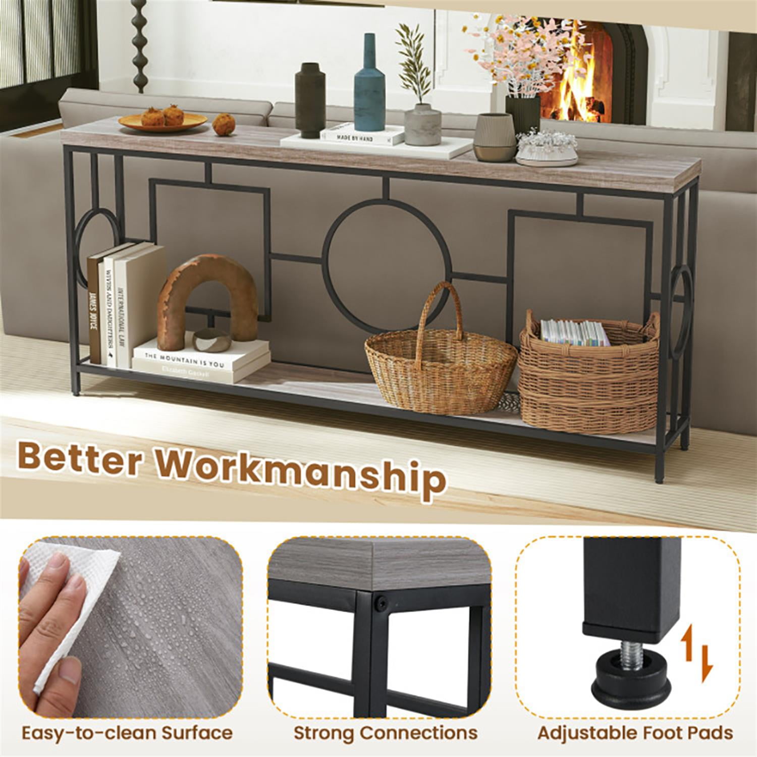 Demi Bonn Modern Console Table for Entryway, 2-Tier Faux Marble Top Metal Frame Sofa Table with Storage Shelf for Hallway for Living Room, Hallway, Office, Brown