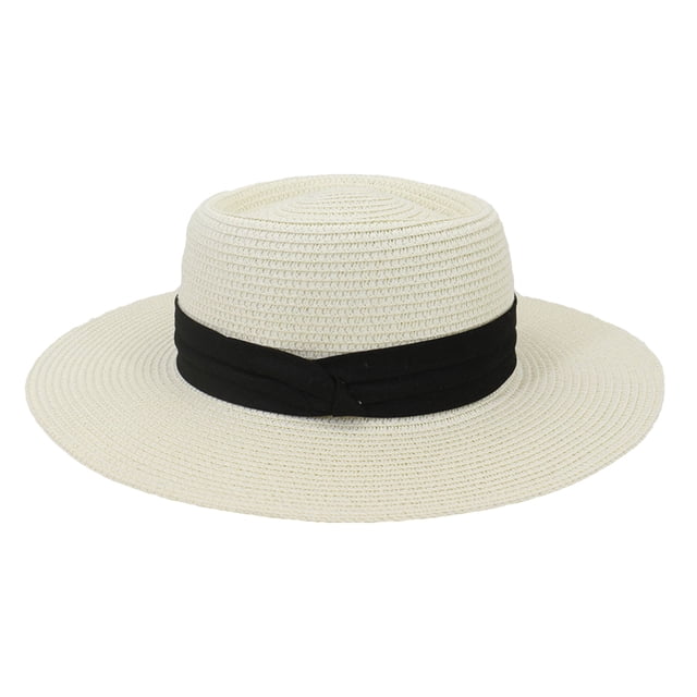 Qarigey Sombrero de paja de verano de ala ancha, informal, transpirable, para acampar, pescar, viajar, playa, moda, tapa plana, gorra protectora solar Sombreros Blanco Leche Negro NO5 Qarigey AP012495-05