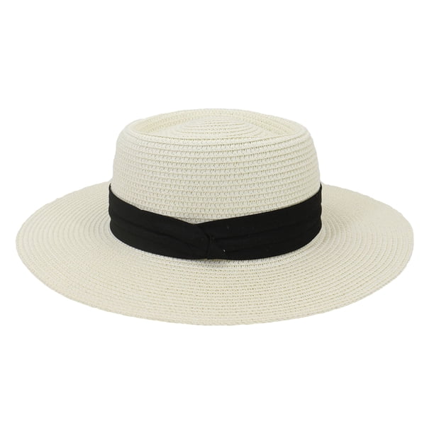 Minnieouse Sombrero de paja de verano de ala ancha, transpirable, para acampar al aire libre, Picnic, pesca, viajes, playa, moda, tapa plana, gorra Sombreros Blanco Leche Negro NO5 Minnieouse AP012495-05