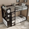 thumbnail image 3 of Newest Twin over Twin Bunk Bed with 4 Drawers & Wardrobe, Modern Wood Frame with Light Strip and Pegboards, Black, 3 of 13