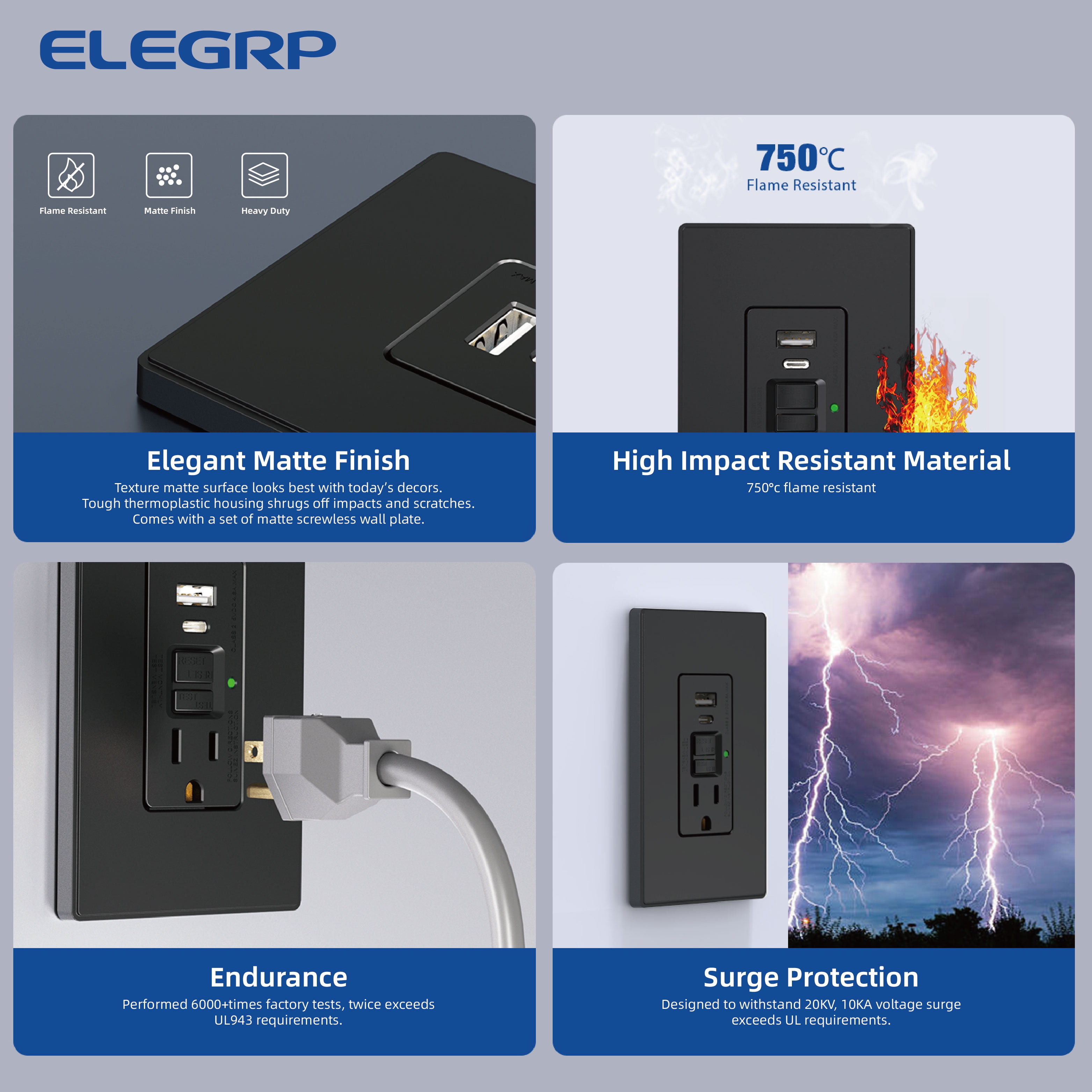 ELEGRP 15 Amp GFCI Outlet & 24W In-Wall USB Charger combo Receptacle Type A & Type C, Midsize Screwless Wall Plate included, UL & CUL Listed, Black, 1 pack