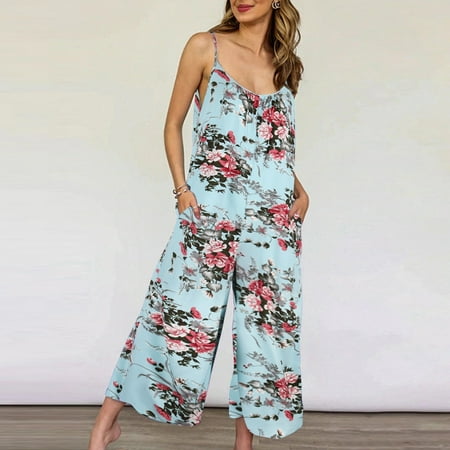

TOWED22 Rompers For Women Sexy Women Casual Loose Short Sleeve Belted Wide Leg Pant Romper Jumpsuits Light Blue