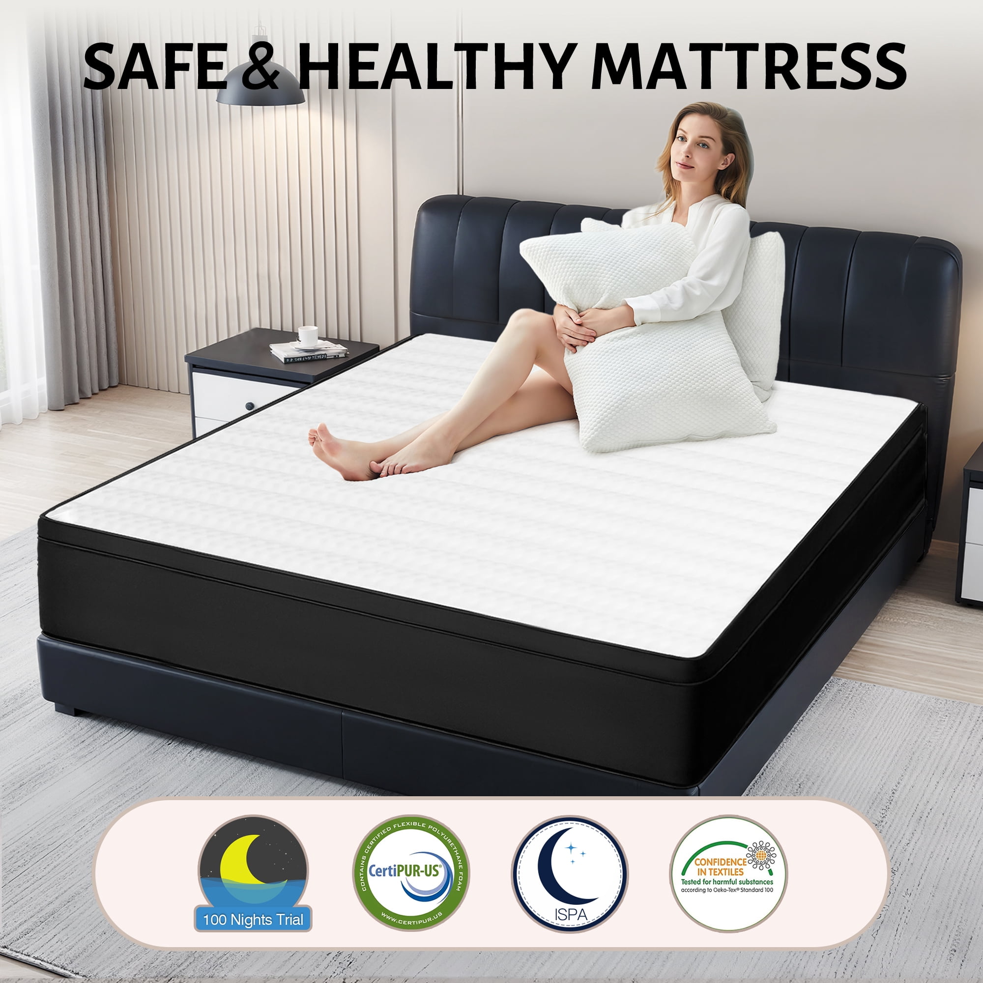 Queen Mattress 10 inch, Hybrid Queen Size Mattress in a Box with Upgrade Innerspring, Black