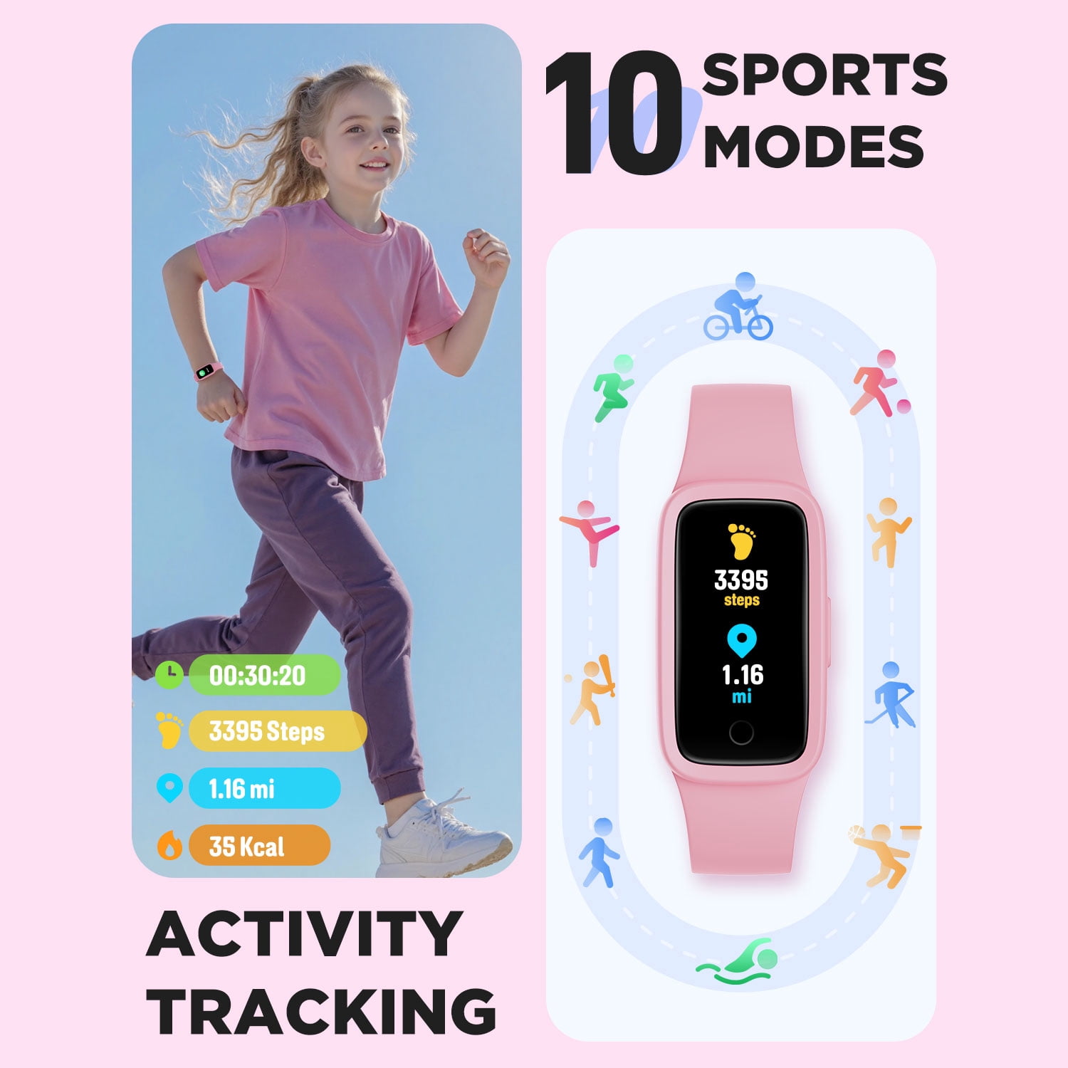 BIGGERFIVE Vigor 3 Kids Fitness Tracker Watch, AMOLED Screen, No App No Phone Needed, 3ATM Waterproof, Heart Rate and Sleep Monitor, Pedometer Watch, Sports Step Counter for Girls Ages 5-15, Pink