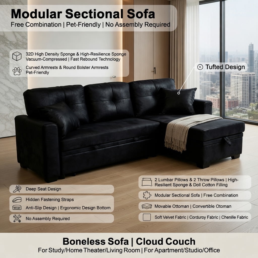 Hommoo L-Shaped Sleeper Sectional Sofa with Pull-Out Bed, Reversible Chaise & Hidden Storage, Contemporary Convertible Living Room Furniture for Small Spaces, Black