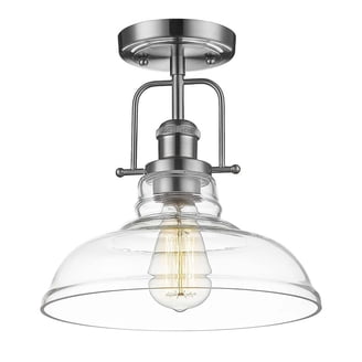Industrial Semi-Flush Mount Ceiling Light - Clear Metal Cone Shade, Vintage Farmhouse Style, Green