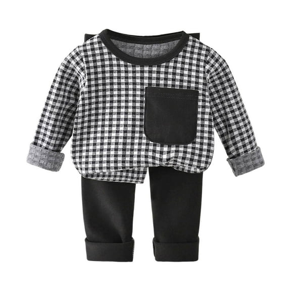 VNKIDY Girls Outfits Children Kids Winter Plush Interior Thermal Outfit Long Sleeve Crewneck Plaid Top Solid Color Pants Home Wear Set For Relaxing Leisure Outfits