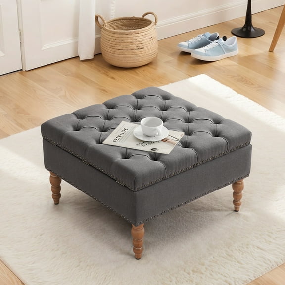 Upholstered Storage Ottoman Bench with Wooden Legs，28.5x28.5x17.3 inches，Gray
