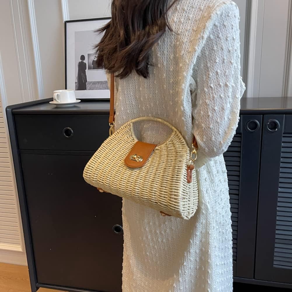 CHUNTIAN Straw Crossbody Bag for Women Woven Beach Tote Purse Mini Straw Shoulder Handbag Rattan Top-Handle Bag for Vacation