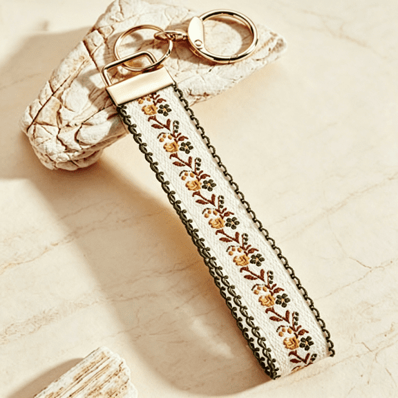 DESIGNICE Floral Embroidered Fabric Keychain Wristlet Key Fob Keychain Car Key Chain Holder Handmade Wristband for Women Embroidered Boho Wristlet Keychain