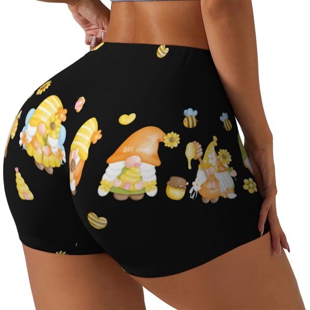 Balery Bee Happy Sunflower Gnomes Pantalones cortos de entrenamiento estampados para mujer, sin costuras, ajustados, para gimnasio, yoga, correr, deportes, ejercicio activo, fitness.-Small