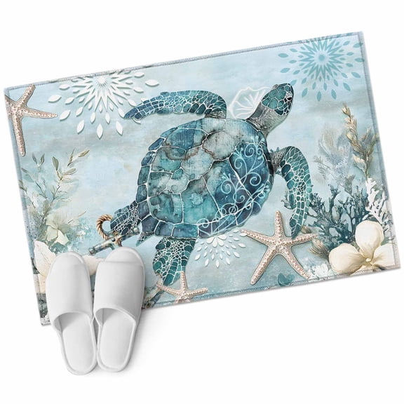 Teal Turtle Coastal Bathroom Mat 2x3 FT, Non Slip Small Kitchen Mat, Summer Beach Nautical Starfish Washable Soft Backed Front Door Throw Rug Non-Shedding Indoor Outdoor Doormat for Entryway Sink
