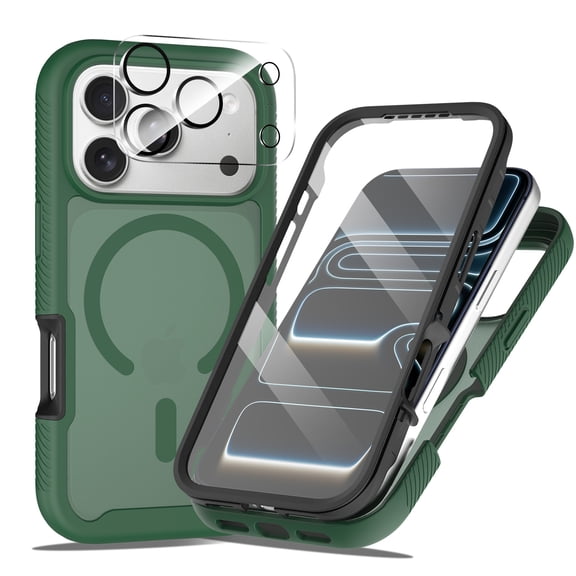 Dteck Magnetic Full Body Protection Case with Camera Lens Protector for iPhone 17 Pro,Shockproof TPU PC Built-in Screen Protector Case Compatible with Mag Safe Matte Back Cover ,Green