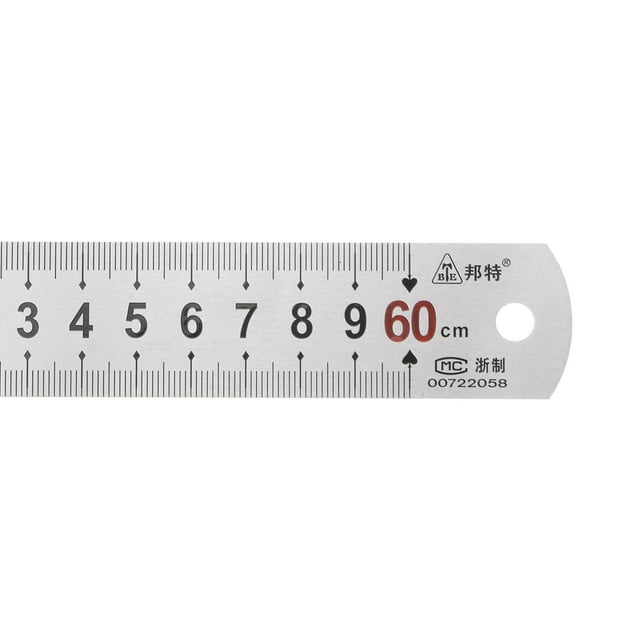 Unique Bargains Stainless Steel Ruler, 24-inch metal ruler with a width of 1.14 inches. Made of 201 stainless steel, it features inch and metric graduations with clear, double-sided markings starting at zero. The ruler is 1mm thick, wear-resistant, and corrosion-resistant, with a smooth finish and squared-off angles. Designed with a hole for hanging, it is suitable for carpenters, engineers, architects, and crafting projects.