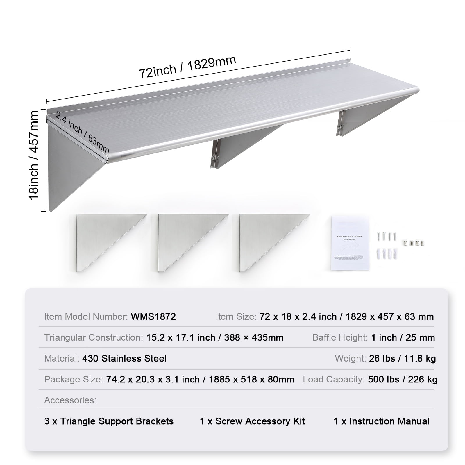 KFFKFF 18" x 72" Stainless Steel Ledge, Wall-anchored Sturdy Shelving with Supports, 500 lbs Bearing Weight Commercial Racks, Robust Storage Stand for Eatery, Domestic Kitchen, Pub, Residence