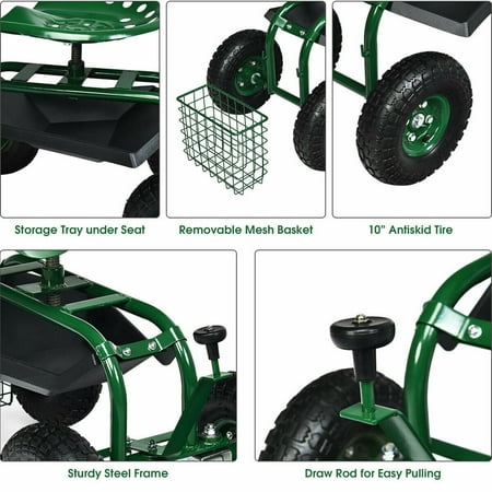 gymax scooter rolling tray adjustable seat basket storage cart garden