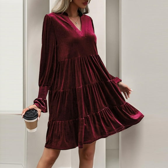 Meichang Womens Velvet Dress V Neck Long Sleeve A Line Ruffle Tiered Mini Dresses Flowy Babydoll Dresses formal Wedding Party Cocktail Dress