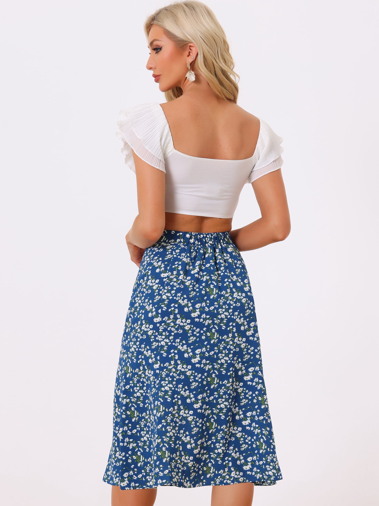 DARING DIVA Women's Elastic Waist A-Line Floral Print Midi Skirt XS Blue