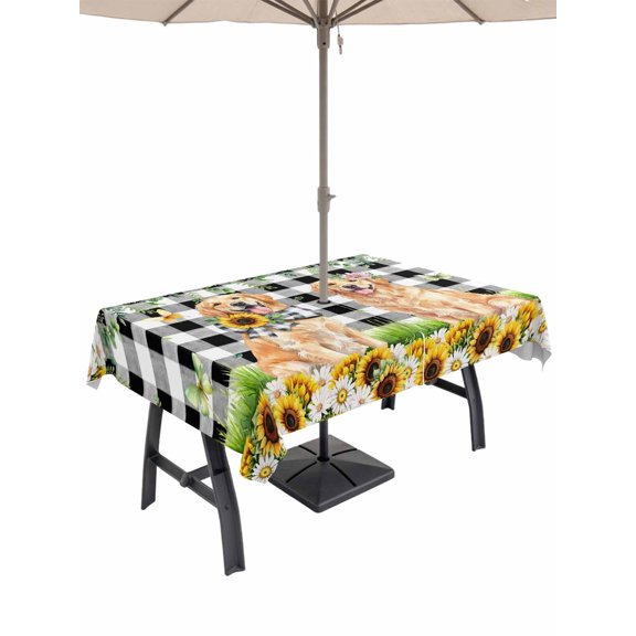 Outdoor Tablecloth with Umbrella Hole for Patio/Picnic/Party/Camping, Cute Puppy Sunflowers Waterproof Table Cloth Rectangle Table Cover Washable, Farmhouse Eucalyptus Black White (52"x 70")