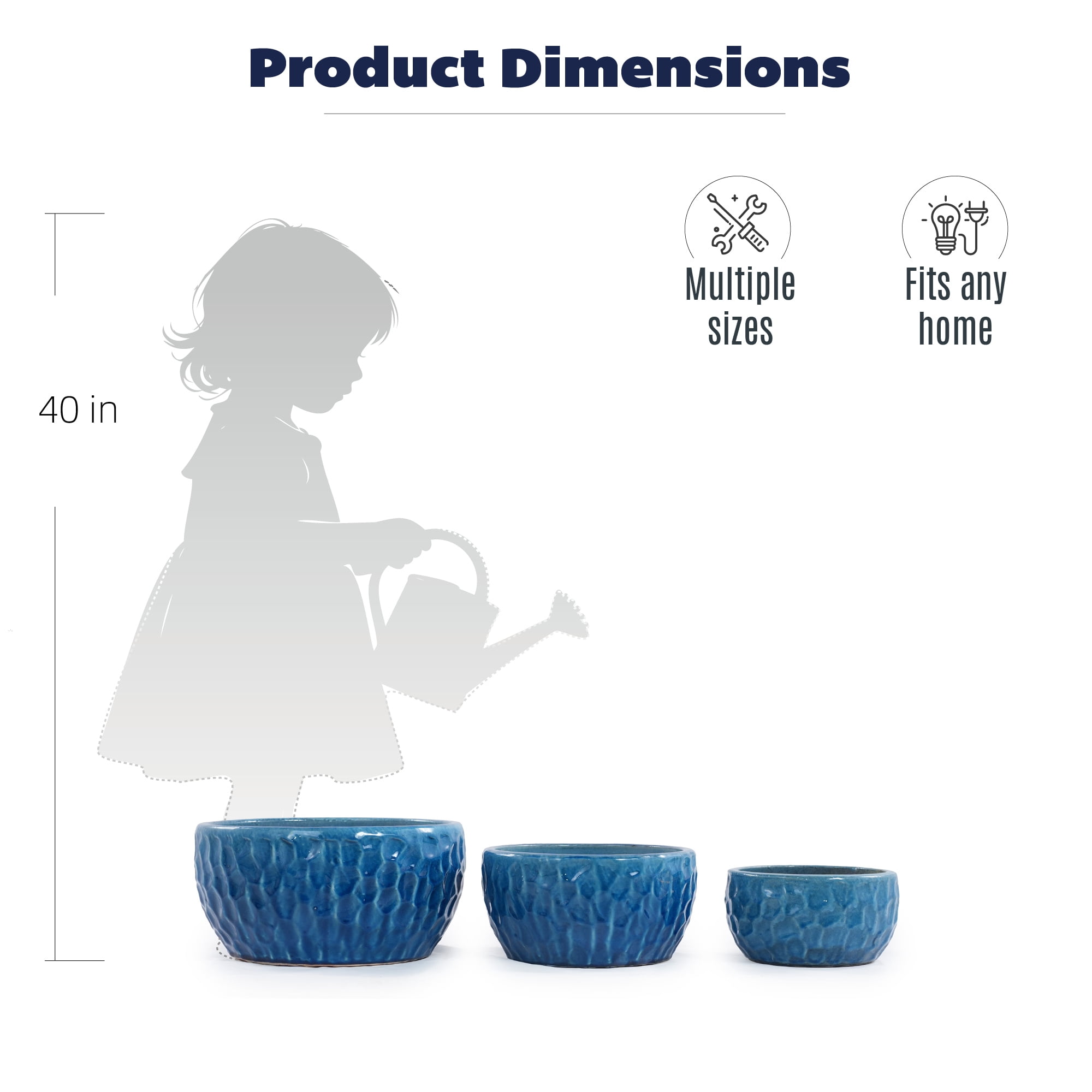 Leumius Set of 3 Handmade Ceramic Planter, 15"/12"/10" Diameter, Cobalt Blue Hammered Texture, for Succulents & Violets, Indoor/Outdoor Use on Windowsill & Bookshelf Blue