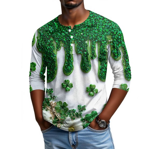 Men's St. Patrick's Day Shamrock Henley Shirt 3/4 Sleeve Casual Clover Print Top
