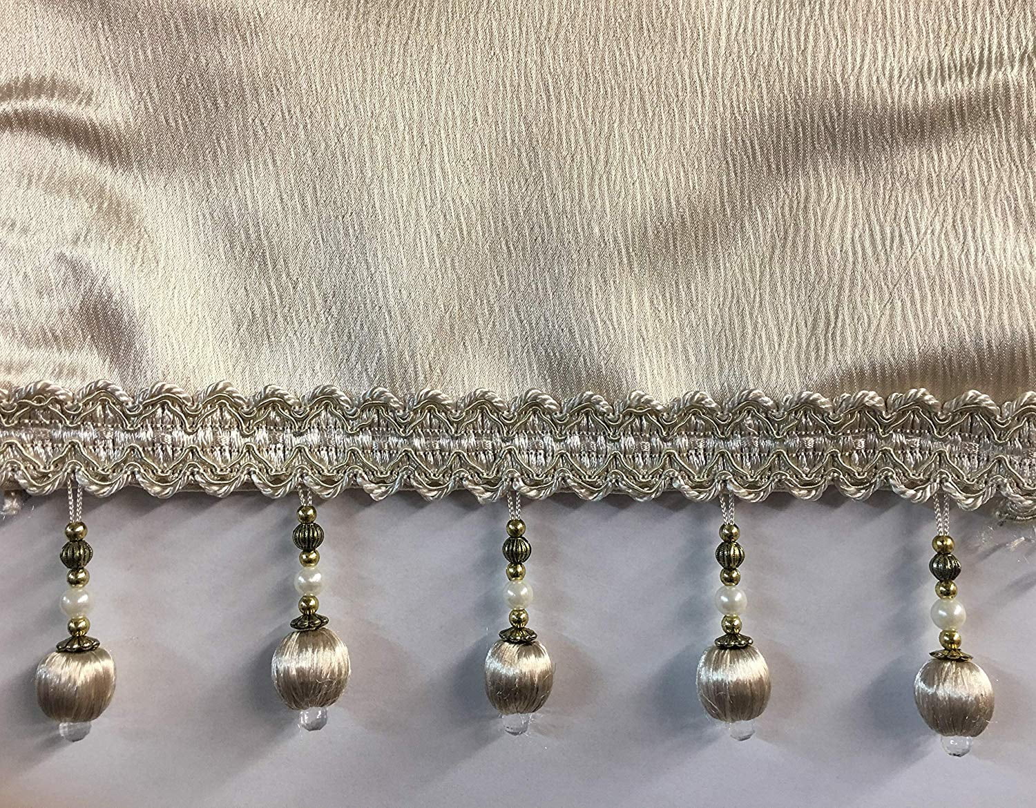 Luxury Home Textiles Bridget 5 Piece Crushed Satin Curtain Set with Beaded Austrian Valances, 84" Long (Ivory)