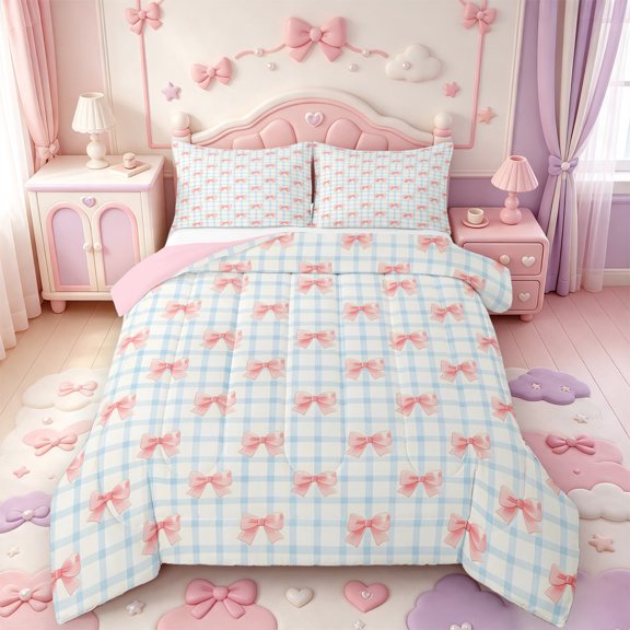Manfei Modern Geometric Grid Full Size Comforter Sets,Pink Kawaii Bowknot Bedding Comforter Set,Pink Reversible,3 Pieces,1 Comforter and 2 Pillowcases