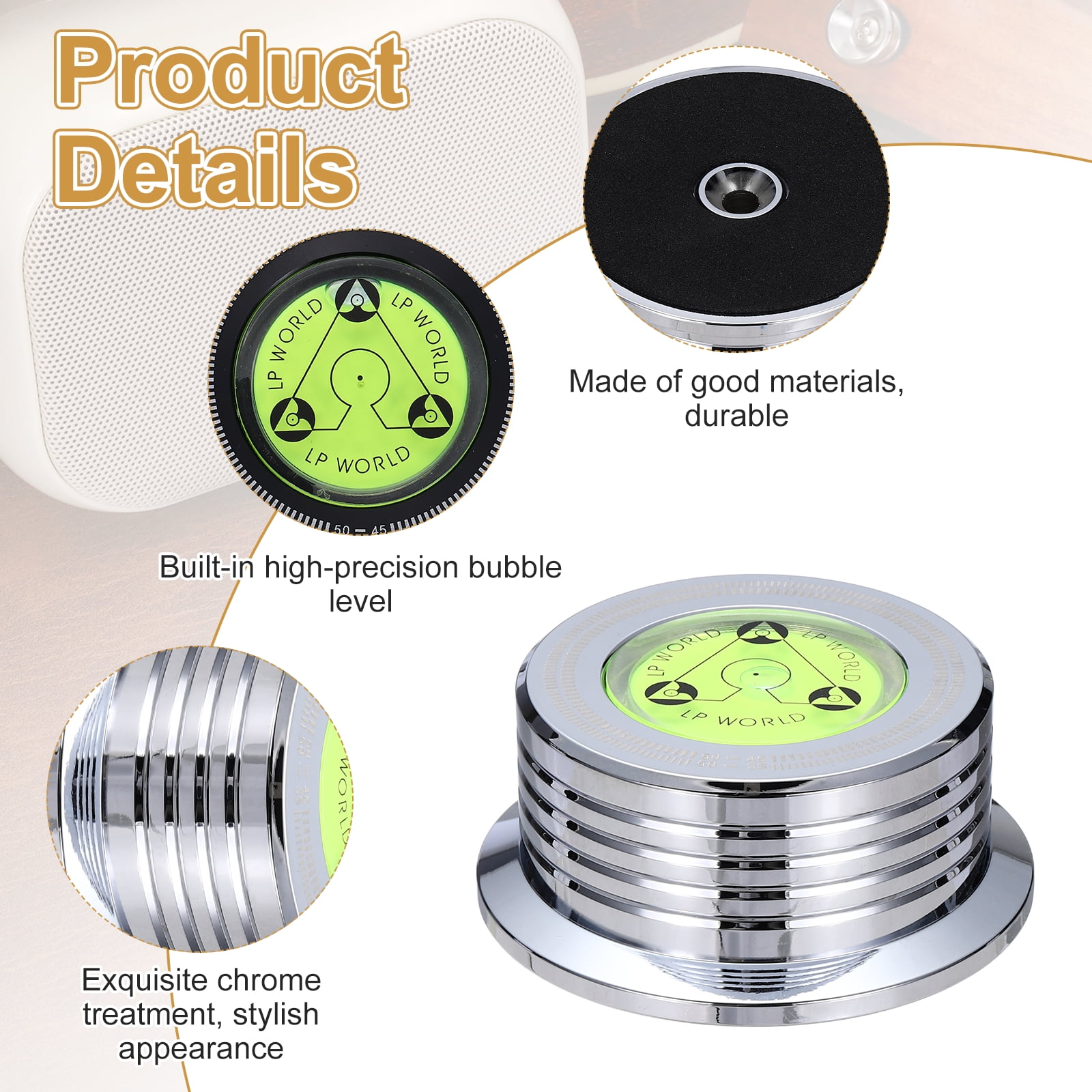 Uxcell 3"x1.3" Record Weight Stabilizer with Bubble Leveling,265g Bright Chrome Plating